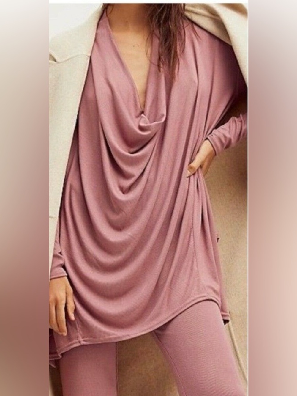 Free People Draped V-Neck Oversized Lounge Tunic Top- Dusty Rose Size M